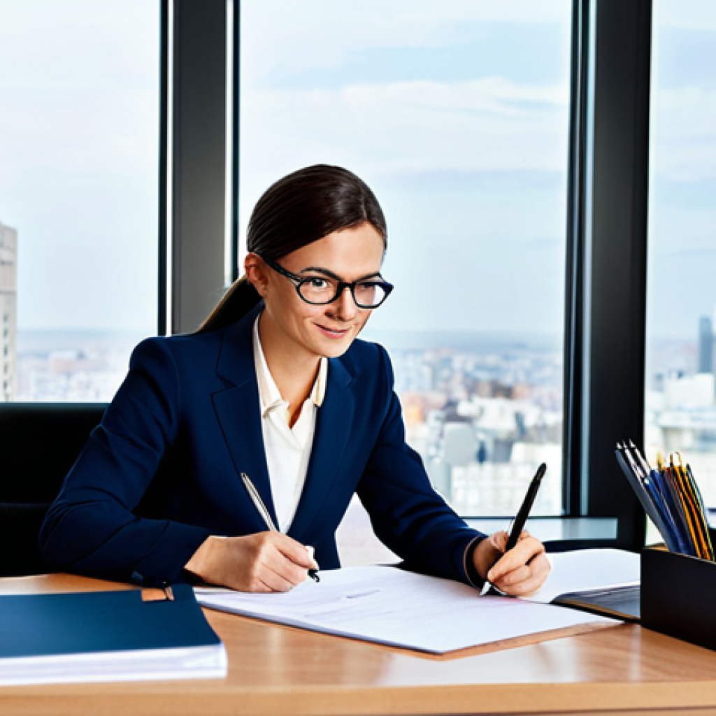 전략경영 관련 국제 자격증 - **Image Prompt:** A confident female business leader in a modern, brightly lit office. She is wearin...