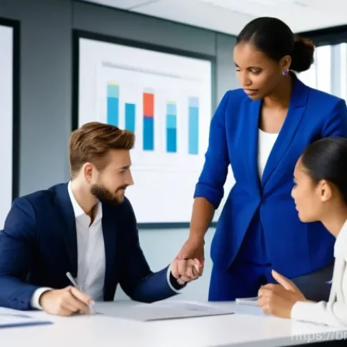 Home 21 전략경영 연봉 테이블 분석 - **Prompt:** A diverse group of five business professionals, consisting of three women and two men, a...