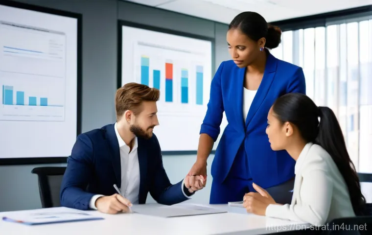 전략경영 연봉 테이블 분석 - **Prompt:** A diverse group of five business professionals, consisting of three women and two men, a...