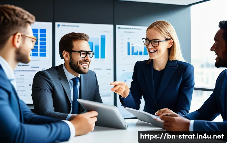 전략경영에서 쓰이는 툴 소개 - **Prompt 1: Visualizing Strategic Business Goals and a Shared Vision**
"A diverse team of five b...